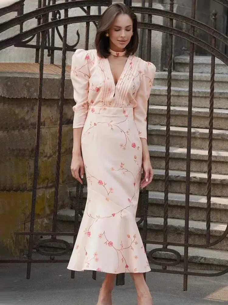 Trendix Elegant Flower Print Maxi Dress Women High Waist Patchwork Short Sleeve Dresses Sexy Deep V Neck Elegant Evening Dress — image 4