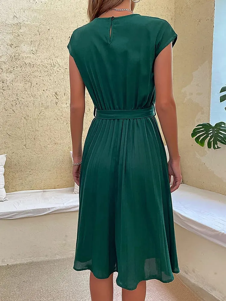 Elegant Women Summer Casual Beach Sundress Short Sleeve Pleated Midi Dress Soild Colour O Neck Tunic Dresses Fashion — image 5