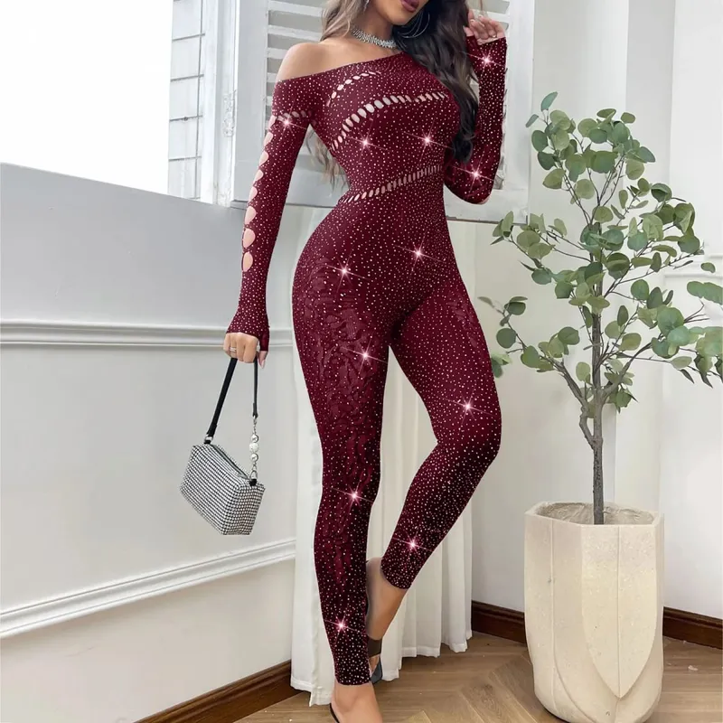 Combinaison Sexy en maille strass pour femmes, manches longues, transparente, bas de corps très extensibles, combinaison Club, grande taille, Stock Lingerie — image 11