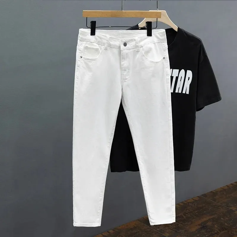 Slim Fit Men's Jeans Spring Summer Thin Cotton Soft Elastic Trendy Ankle Length Pants Straight Korean Simple Denim Trousers — image 5