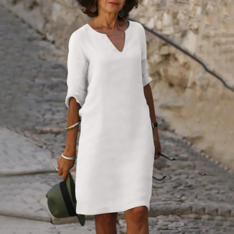 Cotton Linen Women's White Mini Dresses Half Sleeve Holiday Vacation Women's Dress V Neck Solid Color Women's Summer Party Dress