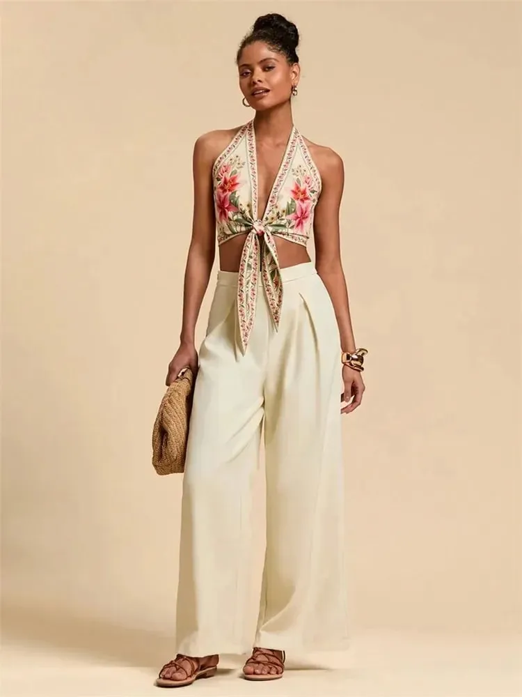 Sexy Knot Front Halter Crop Top for Women Summer Sleeveless Graphic Floral Printed V-neck Backless Tank Top Y2K Clothes — image 6