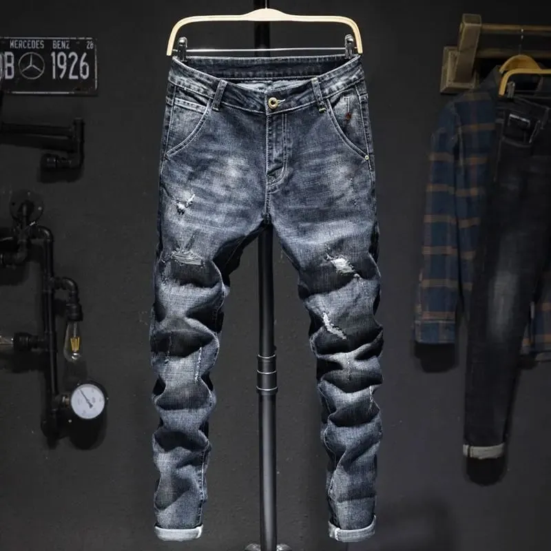 American Elastic Straight Jeans Men Ripped Worn-out Slim-fit Cotton Denim Pants Korean Style Fashion Blue Black Men's Clothing — image 12
