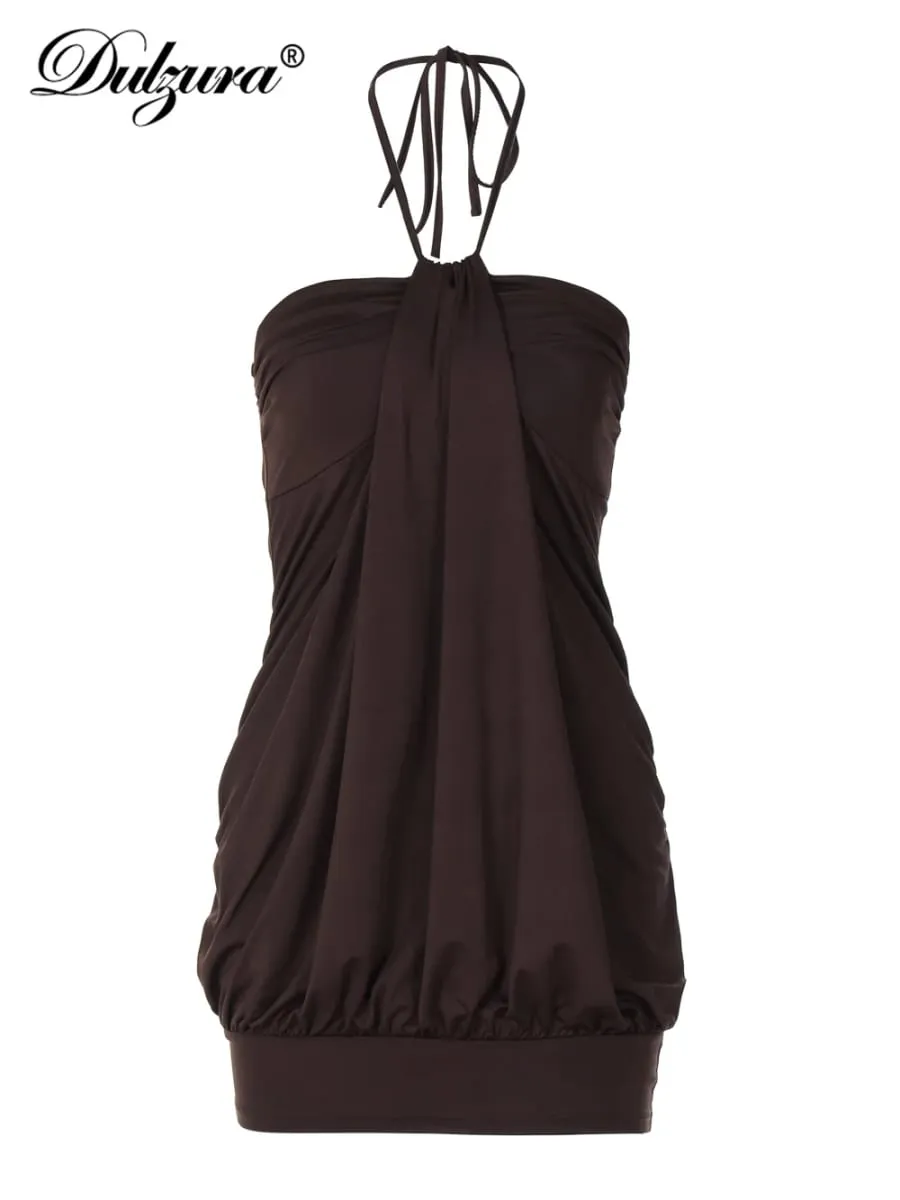 Dulzura Sexy Mini Halter Ruched Backless Short Dress Solid Sleeveless Women Dresses Summer Lady Party Birthday Club Clothes Y2K — image 7