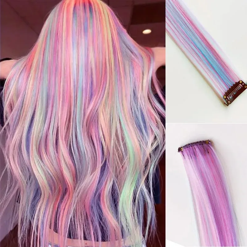 Clip in One Piece Hair Extension 6pcs/pack Unicorn Color Rainbow Pink Blue Purple Mixed Color Clip in Synthetic Hair Accessories — image 2