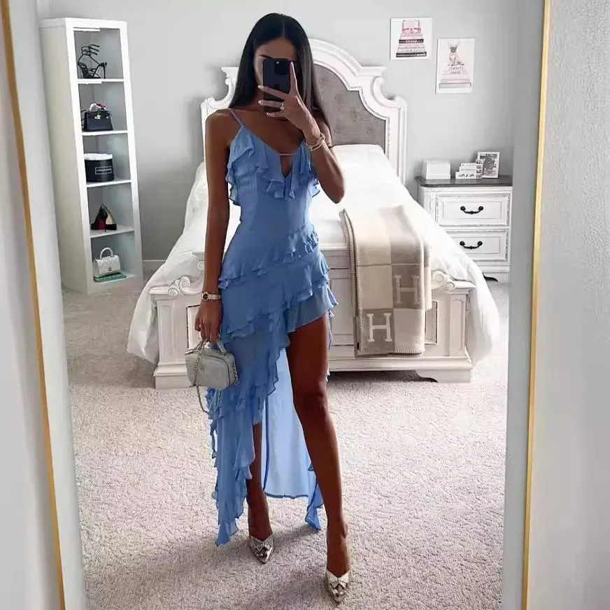 Woman Irregular Tassel Summer Trend Skinny Split Maxi Bodycon Birthday Party Clubwear Vestidos Blue Elegant Women Strap Dresses — image 5