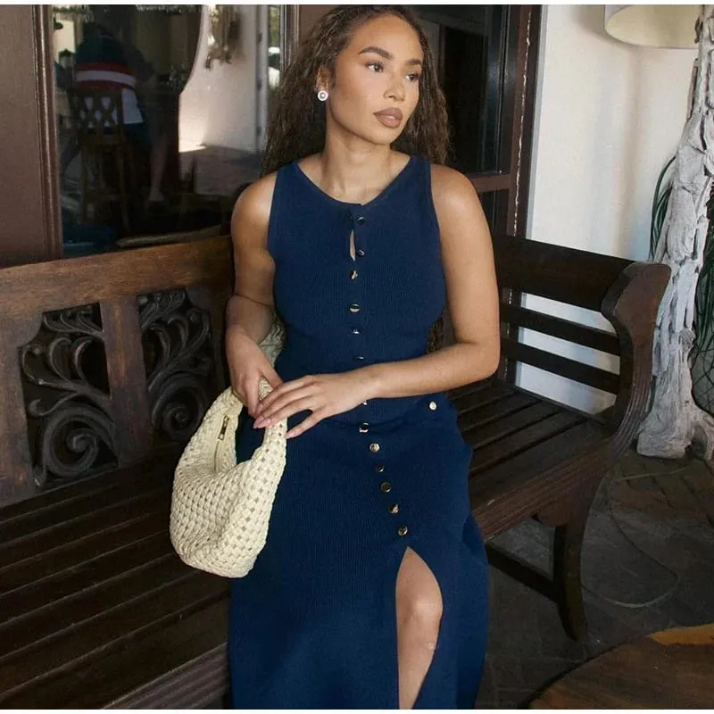 2024 Summer Elegant Lady Knitted Single Breasted Long Dresses Women Solid Sleeveless O Neck Button Bodycon Party Female Vestidos — image 7