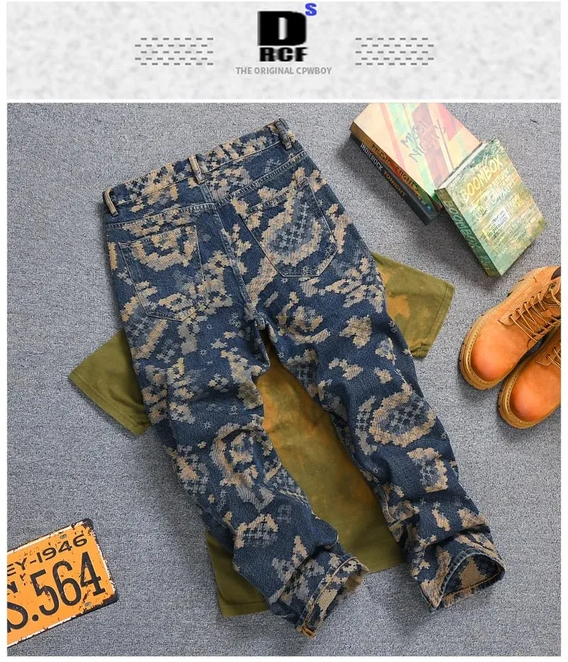 Mosaic Jacquard Embroidery Retro Jeans Men's Fashion High end Loose Straight Tube Trendy Printed Wide Leg Long Pants