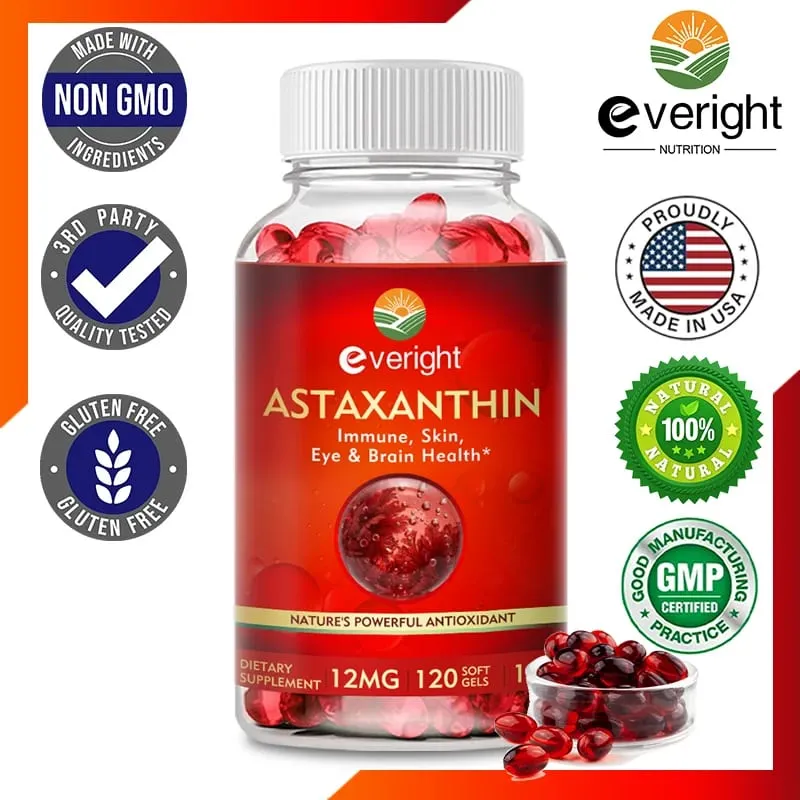 Astaxanthin - Bổ sung chất chống oxy hóa cao cấp 12mg để hỗ trợ sức khỏe hệ thống miễn dịch và khớp da mắt - Không biến đổi gen & không chứa gluten