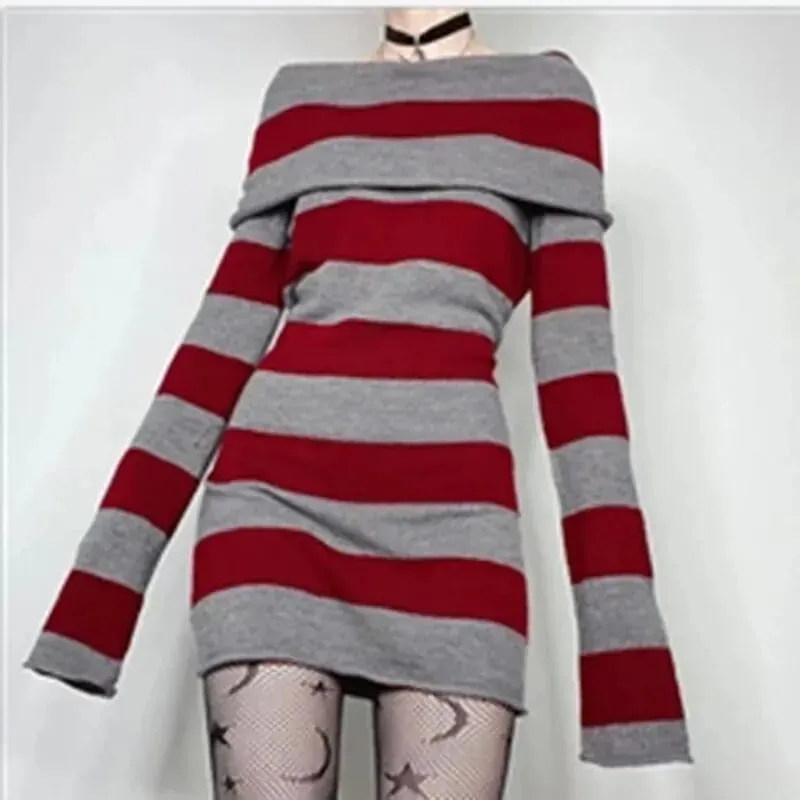 Women Striped Mini Bodycon Dress Stripe Boat-Neck Off Shoulder Long Sleeve Short Dress Spring Autumn Wrapped Hip Party Dress — image 8