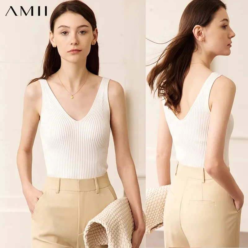 Amii Minimalism Summer New Women's Camisole Tops Office Lady Solid V-neck Sexy Slim Vest Girls Tank Streetwear Tops 12321058 — image 2