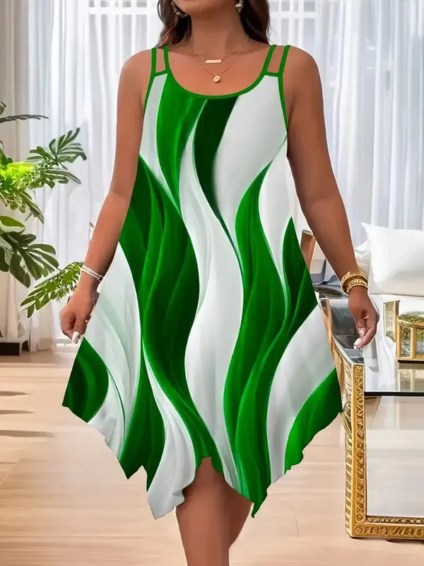 Plus-size women's fashion asymmetrical geometric stripes printed double strap dress — image 8