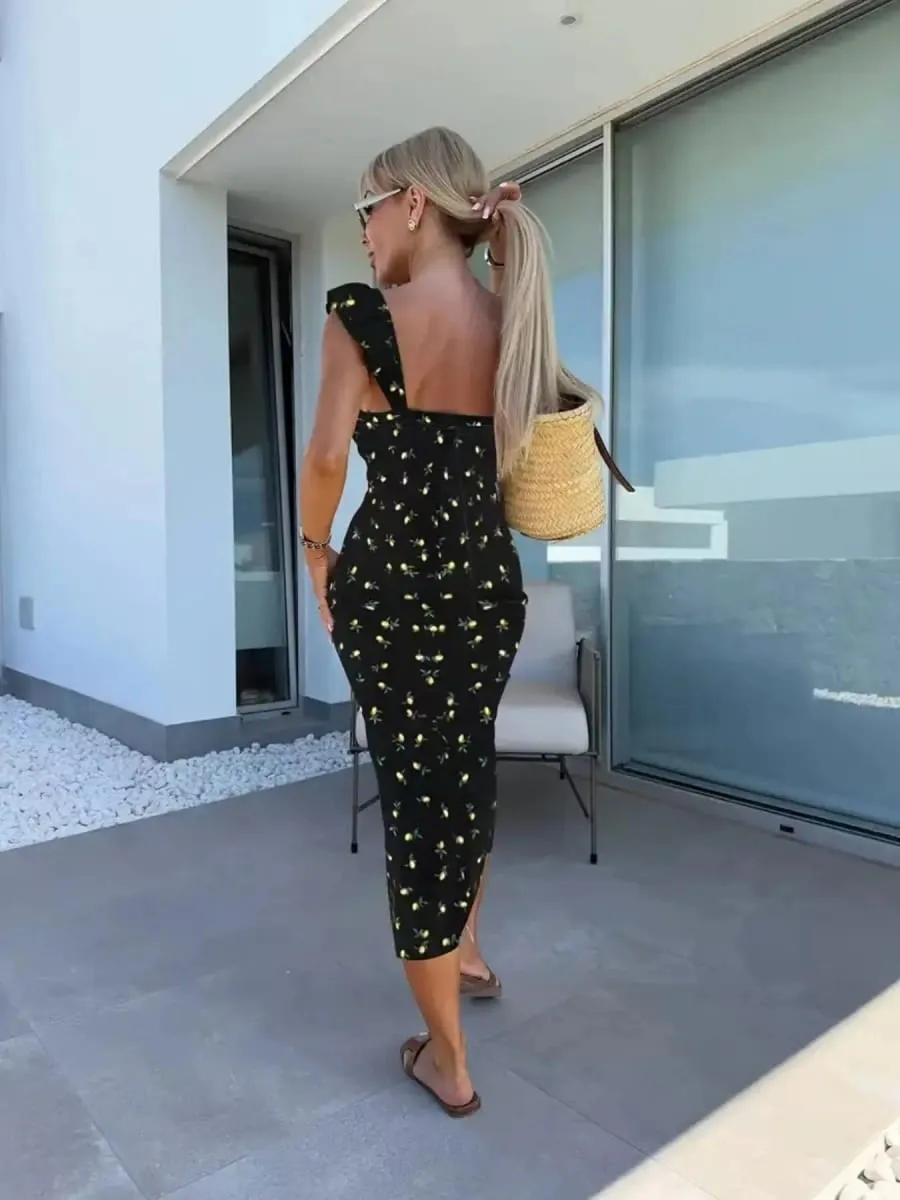 New European and American Summer Elegant Design Printed Suspender Slit Midi-Length Ladies Dress — image 4