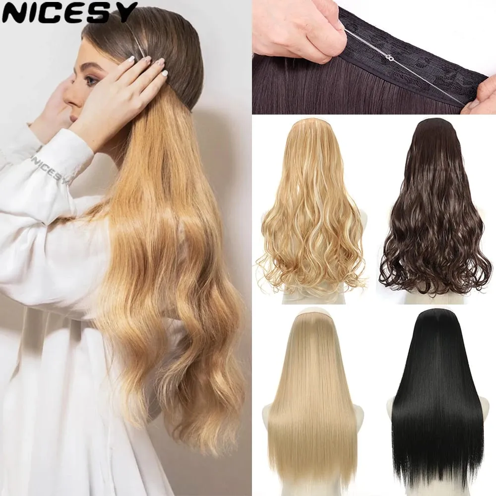 Synthetic Invisible Wire No Clip Wave Hair Extensions Long Hairpiece Black Brown Blonde For Women Fake Hair Piece — image 2