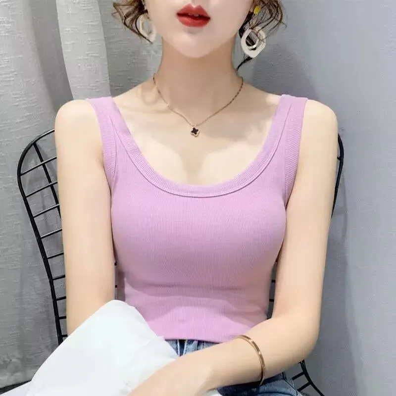 2023 Summer Women Basic Ribbed Knitted Tank Top Solid Color Sleeveless T-shirts Casual Camis Green Blue Elastic Female Tops — image 16
