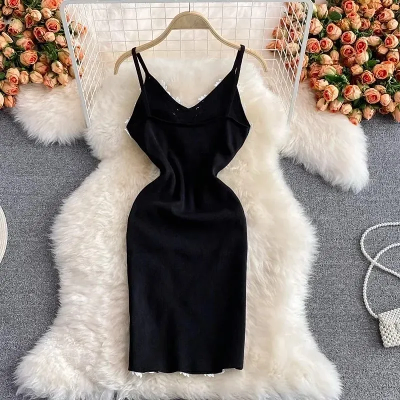 2024 Sexy Backless Lace Patchwork Knitted Split Summer Dress Women Black Mini Party Dress Bodycon Sheath night Club Outfits — image 2