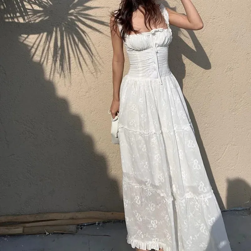 Y2K Simple Elegant Square-neck White Maxi Dress Summer Slim Lace Up Sleeveless Dreses French Party Beachwear Casual Vestidos — image 2