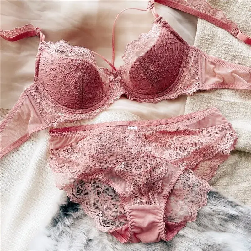 2 Pieces Sexy Lace Push Up Bra Set Women Ultra-thin Cup Bralette Breathable Plus Size Underwear Classic Hollow Bras and Panties — image 1