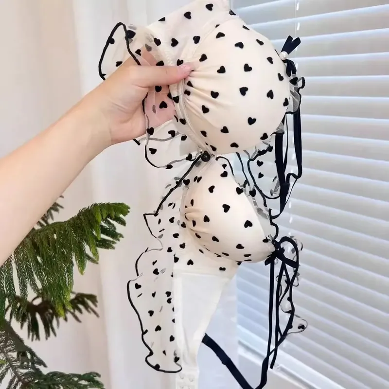Simple Light Luxury Love Printed Lace Underwear Set Women's Small Breasts Gather Sexy Pure Desire Sweet Bra Cute Bra