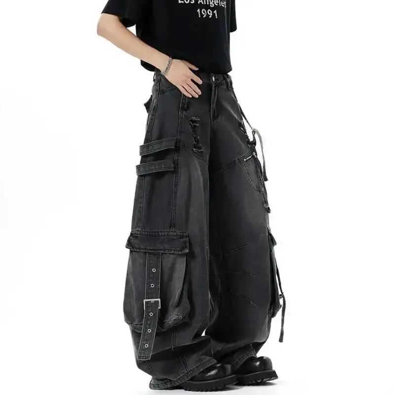 American Style Men's Jeans Solid Color Multi Pockets Casual Worn-out Trousers Deconstruction Wide Leg Denim Pants 9W4066 — image 4