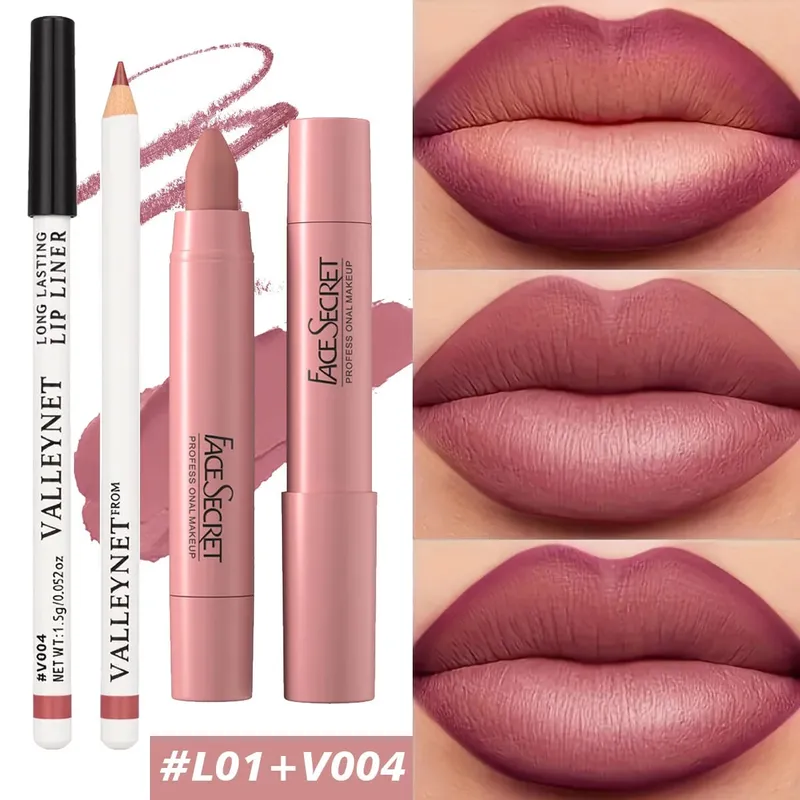 2Pcs Lip ComboLip Liner+Matte Velvet Lipstick Long lasting Waterproof Daily Natural Lip Makeup Cosmetics