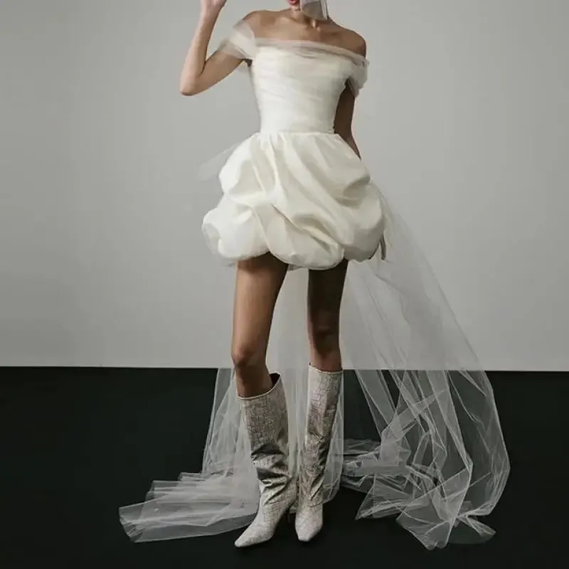 Nové elegantní lehké svatební šaty pro ženy Bílé sexy svatební minišaty se síťovinou na konci Svatební luxusní party vestidos — image 2