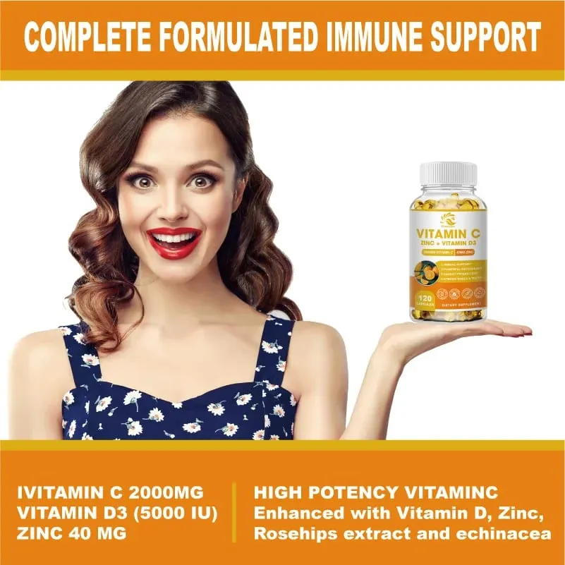 Greensure Supplements Zinc 40mg Vitamin C 2000mg and Vitamin D3 5000 IU (125mcg) Per Serving - 60/120 Capsules — image 6