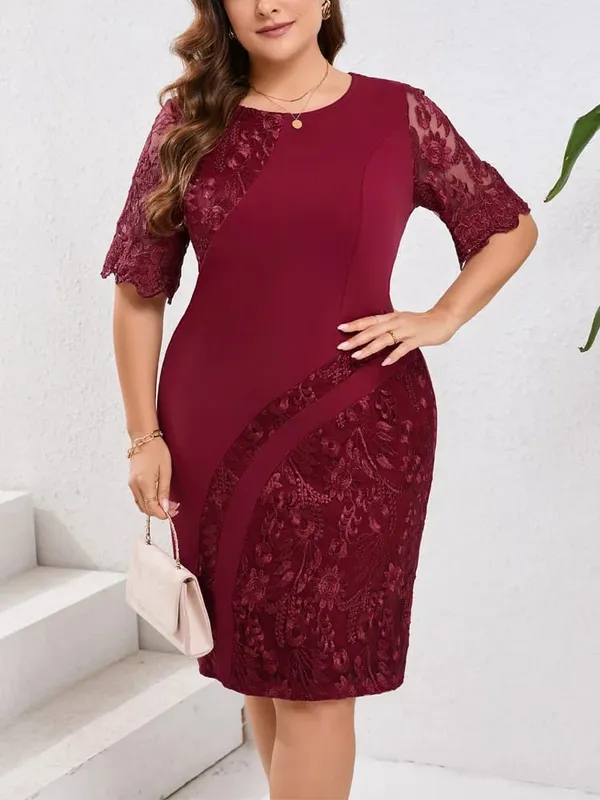 Plus Size Embroidered Lace Half Sleeve O-Neck Dress Women's Summer Autumn Cocktail Party Elegant Bodycon Midi Dresses — image 5