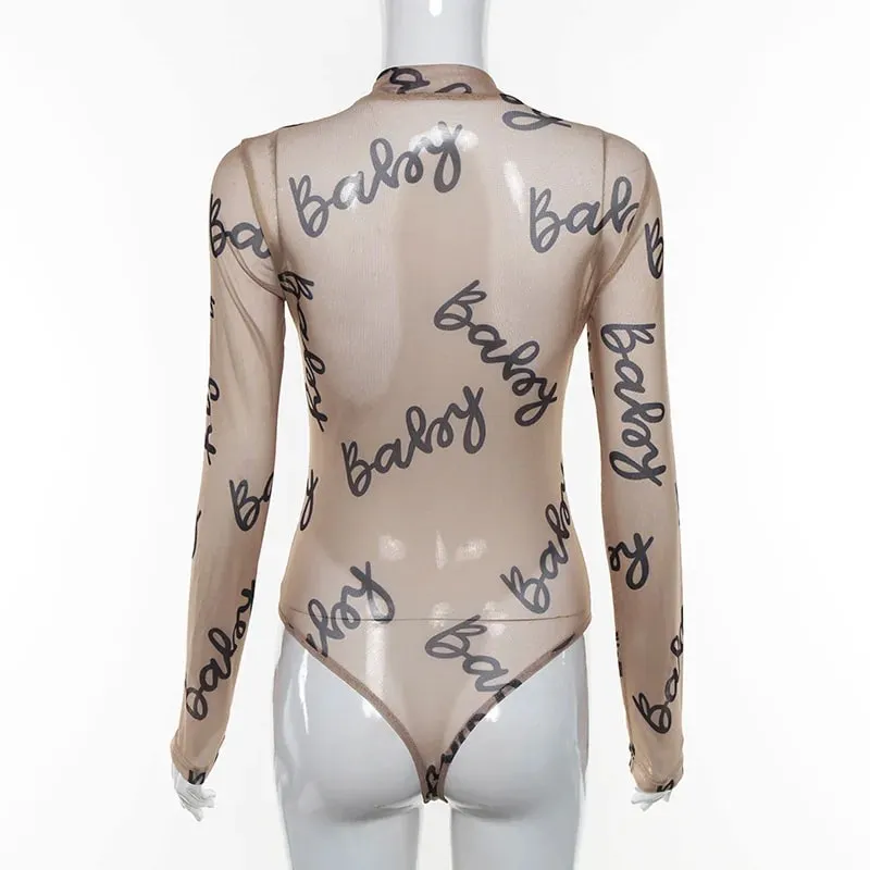 2025 Summer Sexy Letter Print Transparent Mesh Bodysuits Long Sleeve See Through Baby Bodycon Rompers Women Jumpsuits