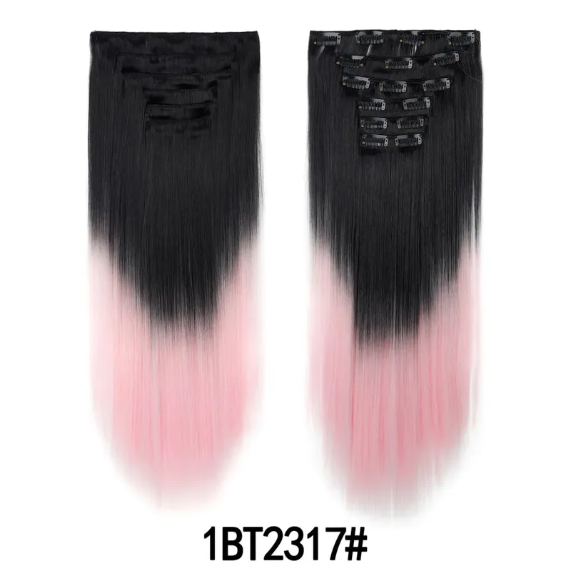 6PCS Set Clip In Hair Extensions 24Inch Long Straight Full Head Synthetic Hair Ombre Gradient Color Daily Use for Women Ladies