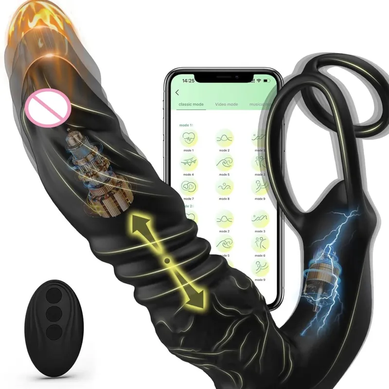 APP Telescopic Double Ring Thrust Vibrator Men's Prostate Massager 5 In 1 Vibrating Plug Dildo Vibrator Adult Sex Toy Men's