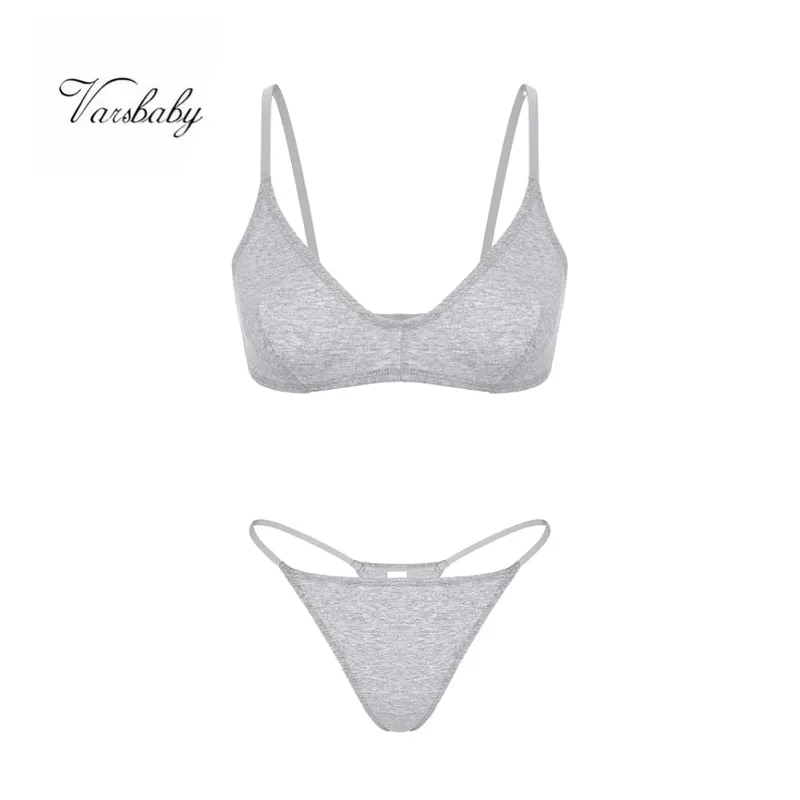 Varsbaby Women Cotton Bra Underwear Set Wirefree Backless Bra Sexy Thong Thin Strap G-strings Active Sports Set