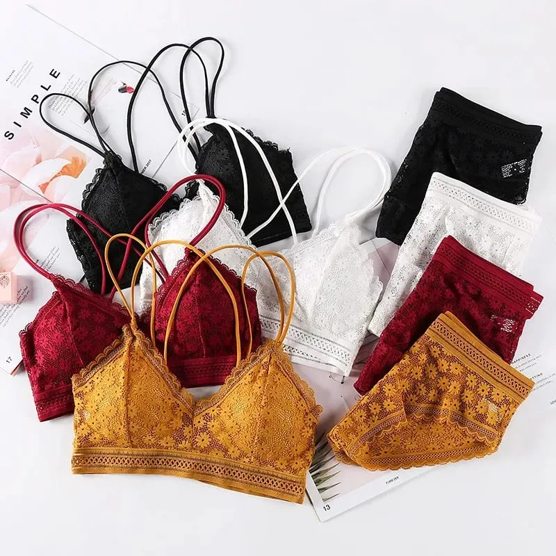 Lace Lingerie Set Cross Shoulder Strap Without Steel Ring Bra Women's Comfortable Support Underwear Fashionable Gathering Design — image 3
