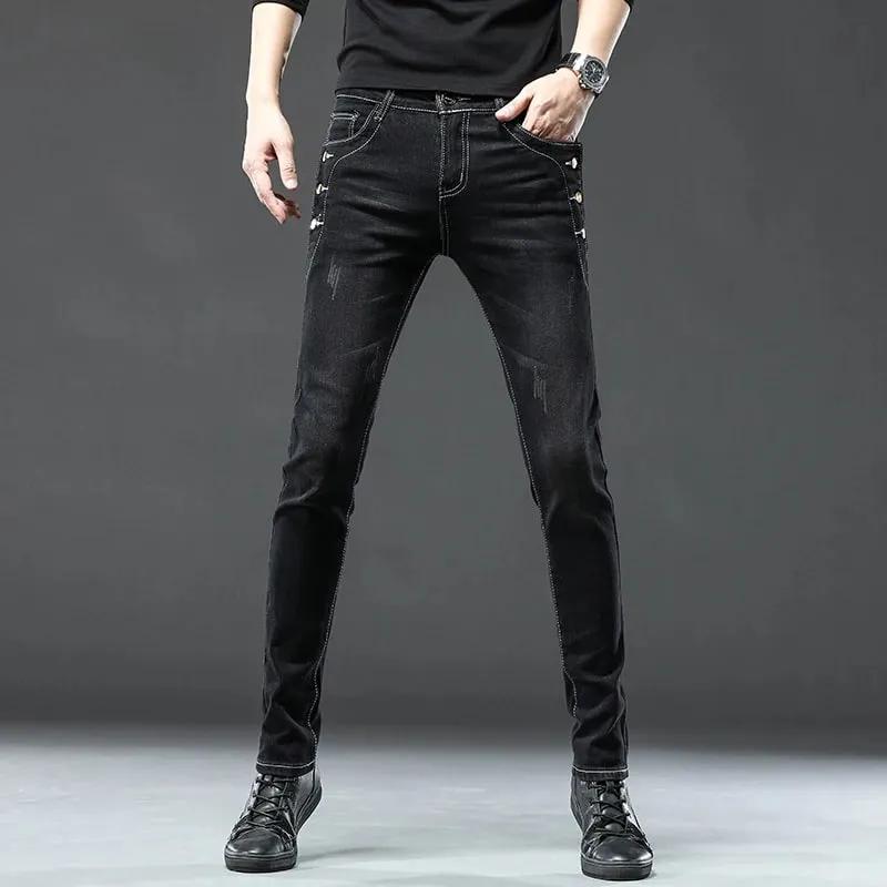 New Men Slim Korean Button Jeans Black Skinny Solid Color Stretch Multi-button Youth Male Denim Pants Streetwear — image 5