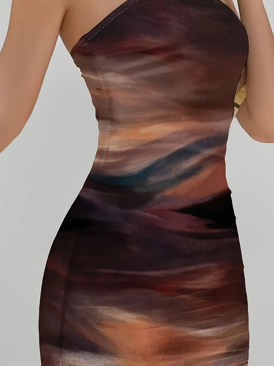 Elegancka damska dzianinowa mini sukienka z gradientowym nadrukiem Wiosna lato w nowym stylu impreza wakacyjna seksowna suknia slim fit bez ramiączek — image 6