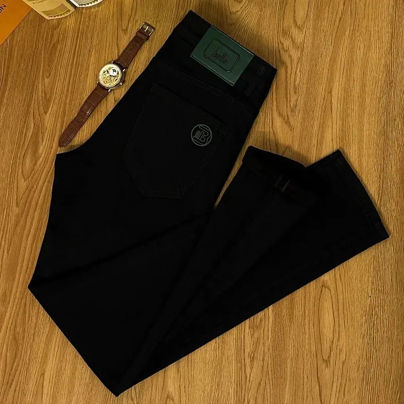 Simple All-Match Pure Color Jeans Men's 2024 High-End Business Trends Office Light Luxury Slim Fit Ankle Tight Trousers