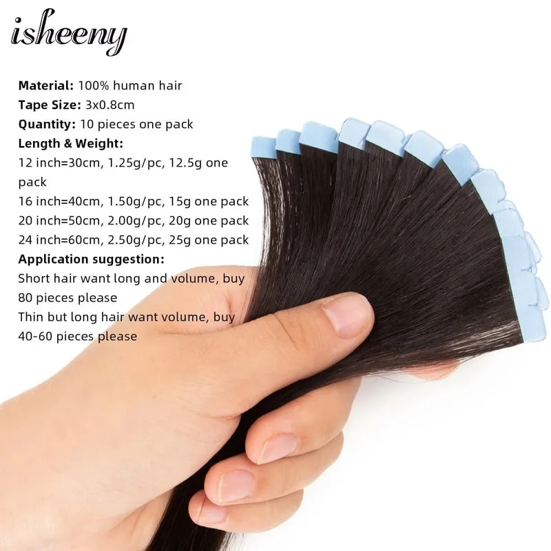Isheeny Mini Tape In Human Hair Extensions 12"-24" Machine Remy Skin Weft Adhesive Tape Hair Natural Black Brown Blonde Tape Ons