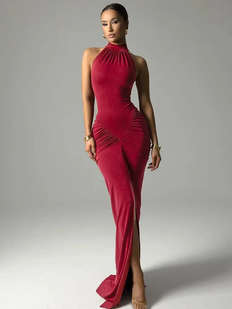 Sleeveless Halter Ruched Maxi Dress For Women Sexy Slit Solid Bodycon Dress High Street Female Evening Party Long Dress — image 2