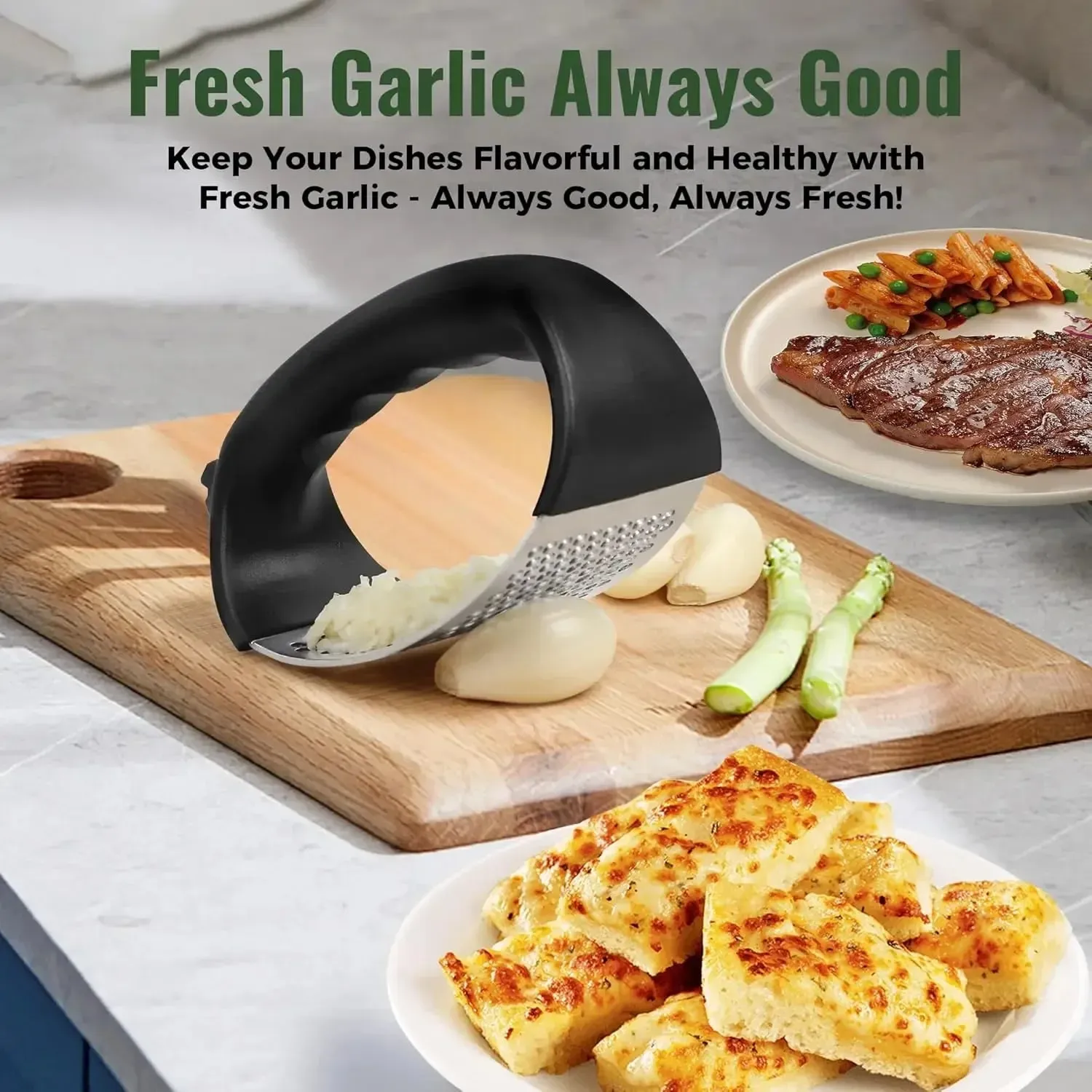 Stainless Steel Garlic Press Rocker Garlic Mincer Garlic Crusher Easy-Squeeze Tool with Peeler and Cleaning Brush for Smashing — image 5