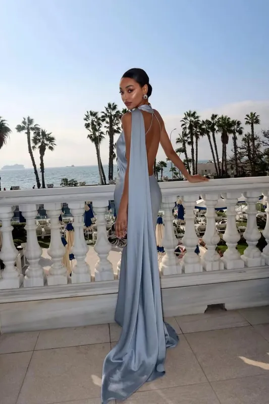 Ribbon Hanging Neck Long Dresses Slanted Shoulder Lace Up Backless Silky Satin Temperament Slim Fit Halter Woman Fishtail Dress — image 8