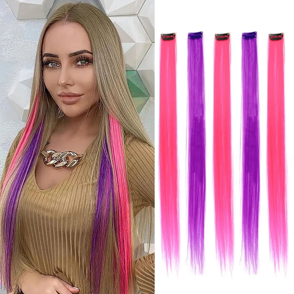 5Pcs Colored Synthetic Hair Extensions Rainbow Party Highlights Clip in Hair Extension for Christmas Girl Women Gift — image 12