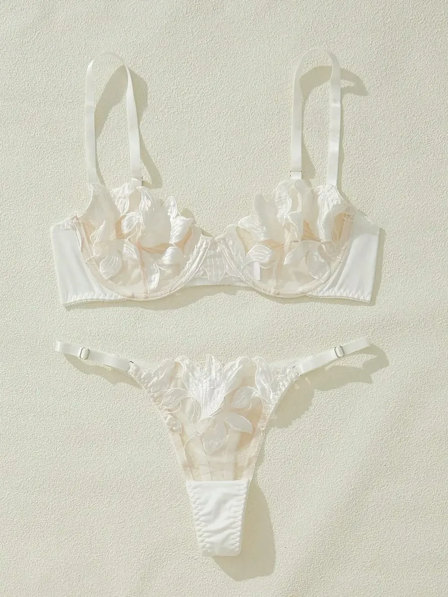 Women'S Underwear Sexy See Through Mesh Transparent Embroidery Fragmented Flower Kit Push Bra+Thong Panties Lingerie Set 2026 — image 3