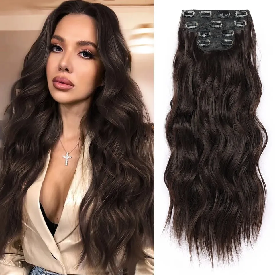Clip in Synthetic Hair Extensions Long Wavy 4PCS Thick Hairpieces Black Fiber Natural Hair Extensions 20 Inch for Women Girls — image 11