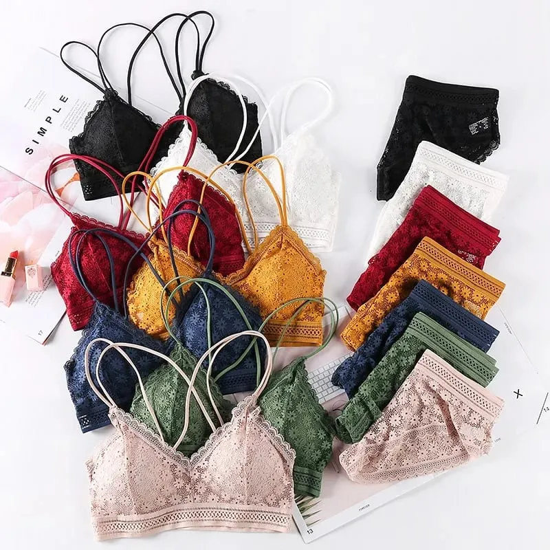 Lace Lingerie Set Cross Shoulder Strap Without Steel Ring Bra Women's Comfortable Support Underwear Fashionable Gathering Design — image 2