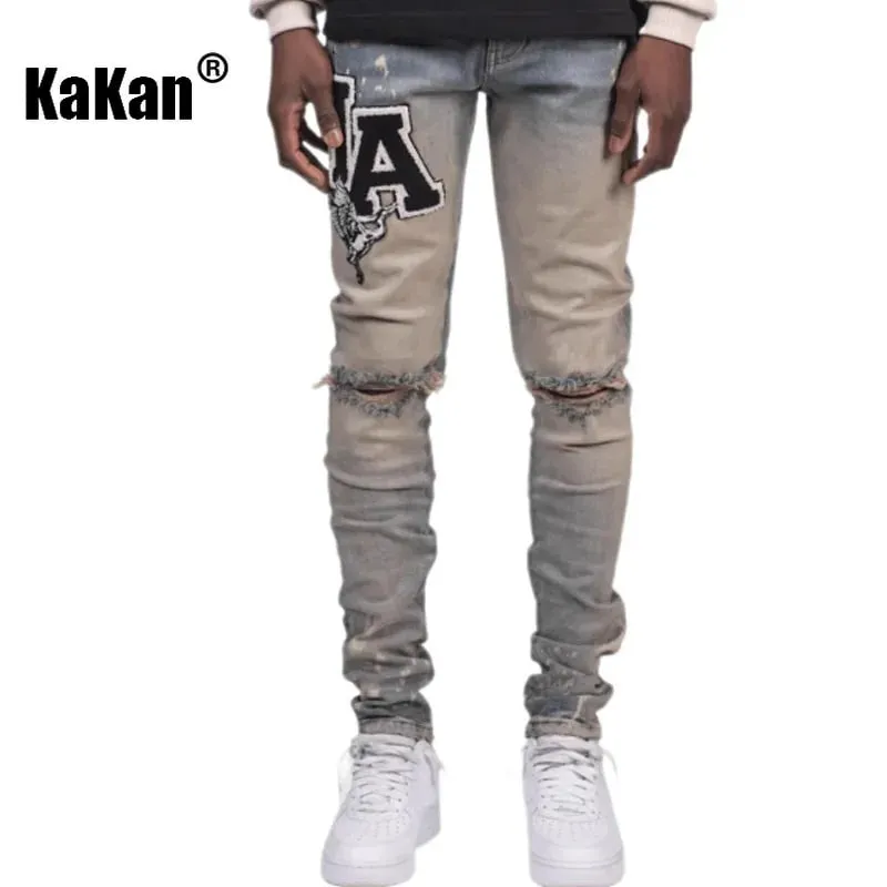 Kakan - New Men's Blue Slim Fit Patch Jeans Y2k Printed Design Long Jeans Jeans Man Brand — image 2