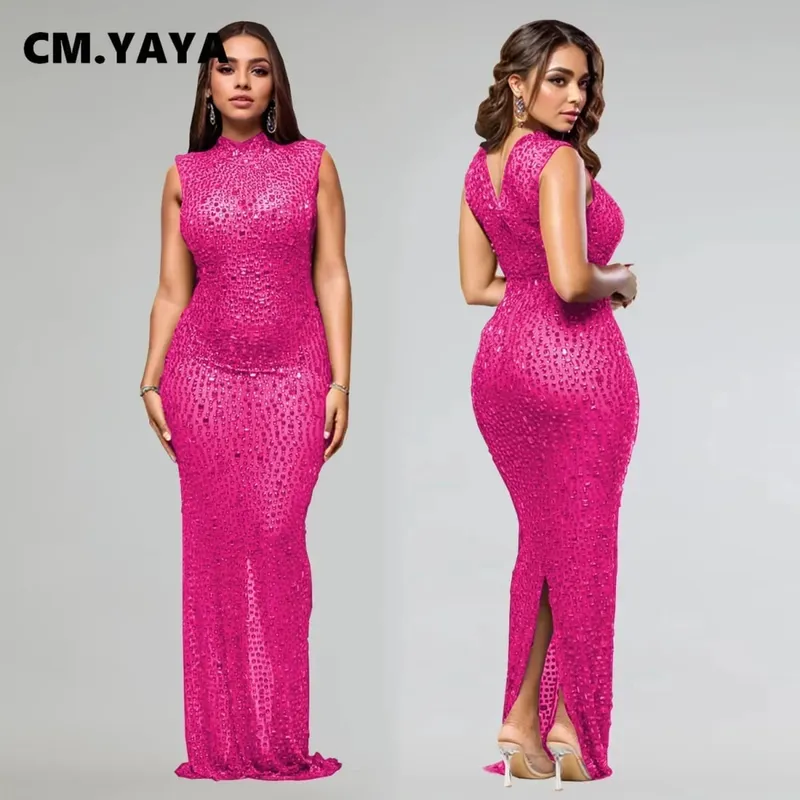 CM.YAYA 2024 가을 다이아몬드 핫 라인 석 오-넥 여성 민소매 Bodycon 롱 드레스 생일 파티 저녁 댄스 파티 맥시 드레스