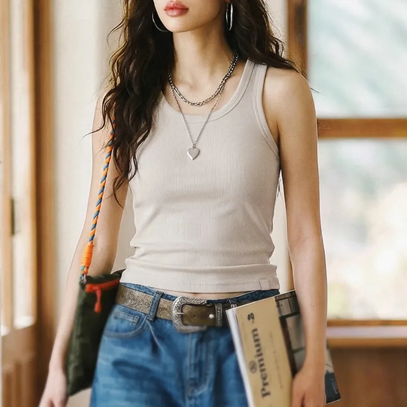 Maden Summer Sleeveless Knitted Tank Tops for Women Solid Color Casual Sports Vest Slim Fit Female Outer Wear Tops
