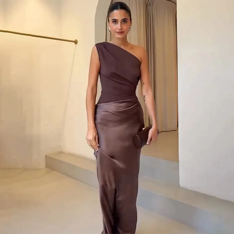 Patchwork Satin Sexy Dress Women One Shoulder Brown Sleeveless Evening Maxi Dress 2025 New Summer Elegant Party Clubwear Dresses — image 2