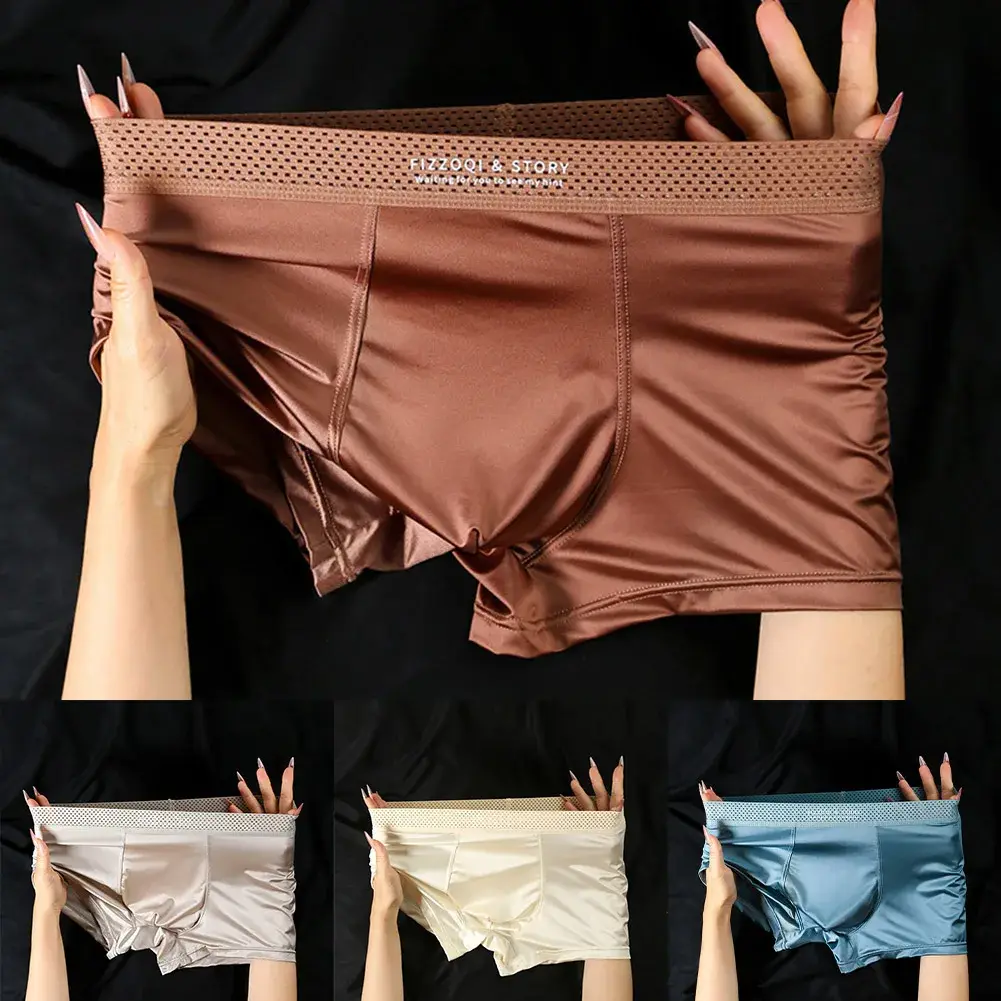 1pc Men Satin-like Ice Silk Boxers Smooth Panties Hollow Out Waistband Underpants Breathable Solid Color Underwear Trunk — image 12