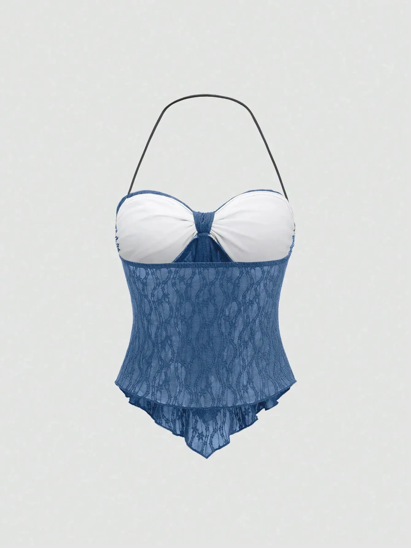 Wanita Halter Sayang Leher Depan Busur Ruched Renda Slim Fit Hem Tidak Teratur Cami Top dengan Built In Bra 2026 liburan Musim Panas Solid — image 3